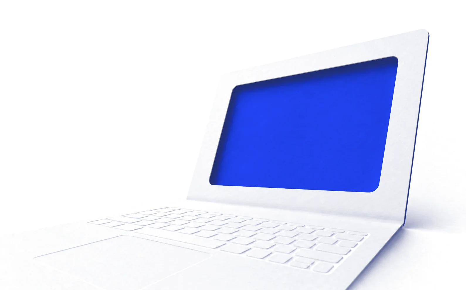 A laptop folded from white paper. Its cobalt screen shows the Cue mark.